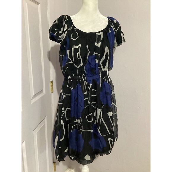 Theory Dresses & Skirts - Theory Blue Black Silk Bubble Skirt Career Cocktail Mini Dress Short Sleeve S